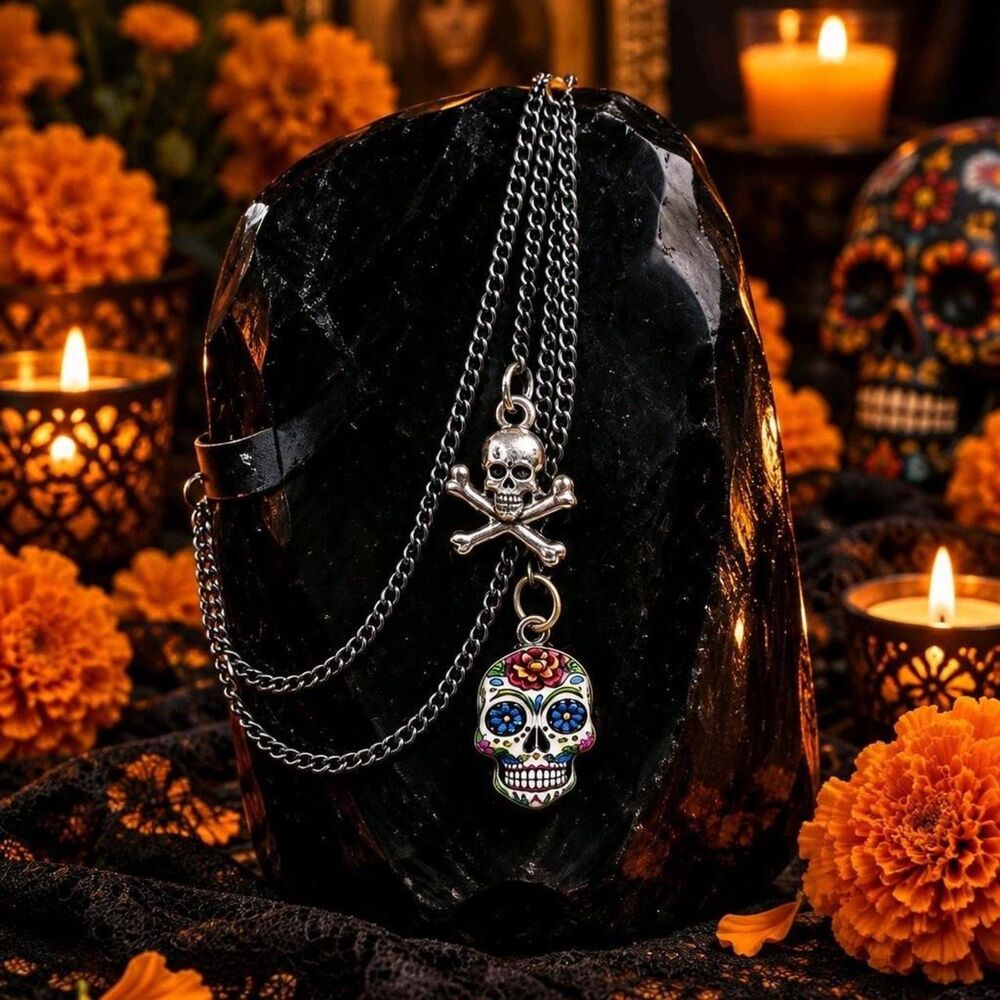 Halloween Day of the Dead Silver Skull Post & Ear Cuff Chain Handmade Earring